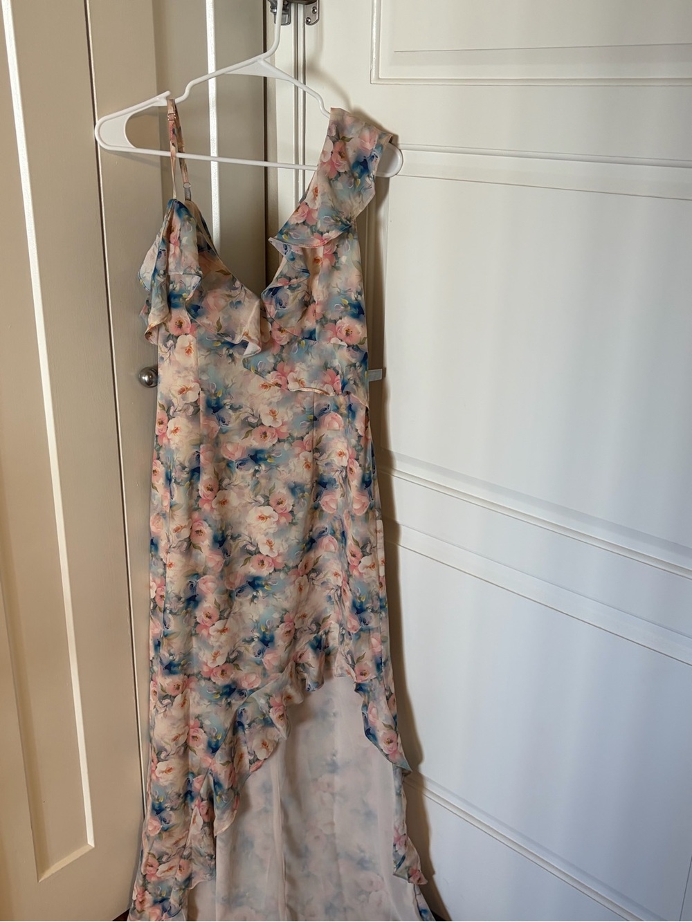 Floral Ruffle V-Neck Asymmetrical One Shoulder Maxi Dress